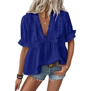 imageLALAGEN Womens Blouses Laser Cut Deep VNeck Puff Sleeve Blouse Tops 2025 Summer Boho Dressy Casual Swiss Dot Babydoll ShirtsZblue