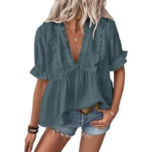 imageLALAGEN Womens Blouses Laser Cut Deep VNeck Puff Sleeve Blouse Tops 2025 Summer Boho Dressy Casual Swiss Dot Babydoll ShirtsZpeacock Blue