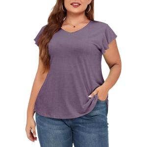 imagePlus Size T Shirts for Women 2025 V Neck Ruffle Short Sleeve Basic Tee Casual Loose Fit Blouse Summer Trendy Tunic TopsPurple