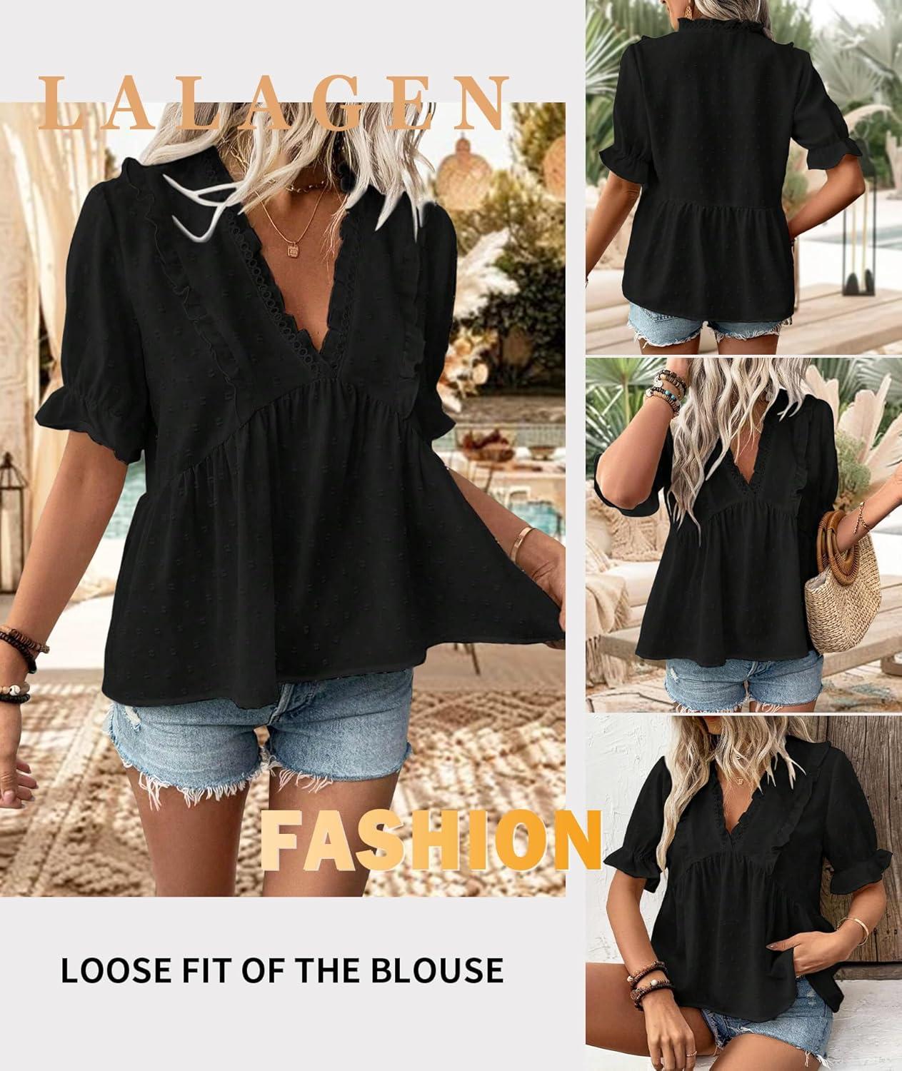 imageLALAGEN Womens Blouses Laser Cut Deep VNeck Puff Sleeve Blouse Tops 2025 Summer Boho Dressy Casual Swiss Dot Babydoll ShirtsZdark Green