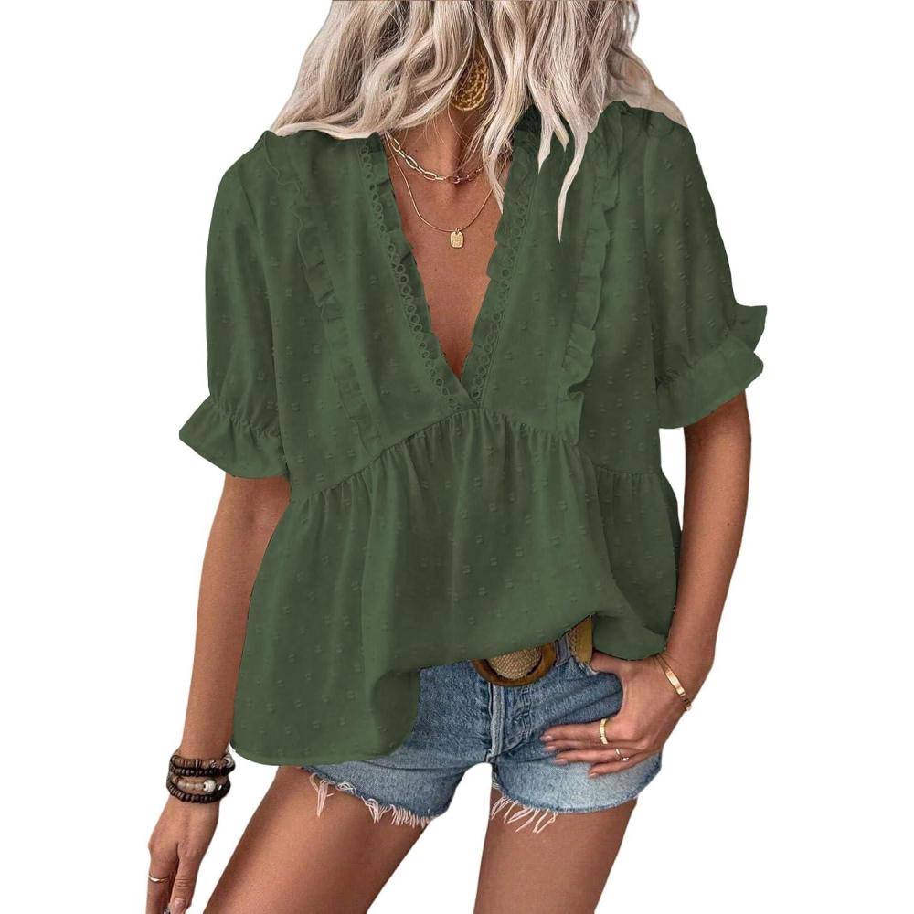 imageLALAGEN Womens Blouses Laser Cut Deep VNeck Puff Sleeve Blouse Tops 2025 Summer Boho Dressy Casual Swiss Dot Babydoll ShirtsZdark Green