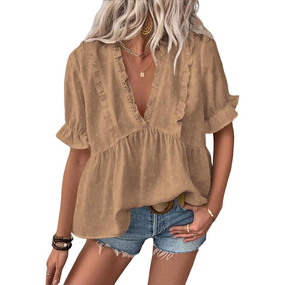imageLALAGEN Womens Blouses Laser Cut Deep VNeck Puff Sleeve Blouse Tops 2025 Summer Boho Dressy Casual Swiss Dot Babydoll ShirtsZtawny