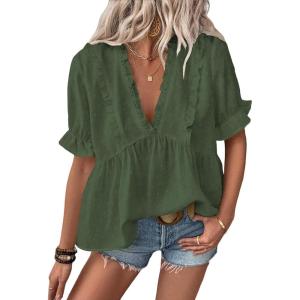 imageLALAGEN Womens Blouses Laser Cut Deep VNeck Puff Sleeve Blouse Tops 2025 Summer Boho Dressy Casual Swiss Dot Babydoll ShirtsZdark Green