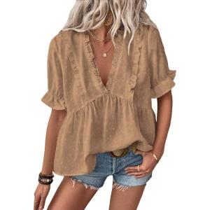 imageLALAGEN Womens Blouses Laser Cut Deep VNeck Puff Sleeve Blouse Tops 2025 Summer Boho Dressy Casual Swiss Dot Babydoll ShirtsZtawny