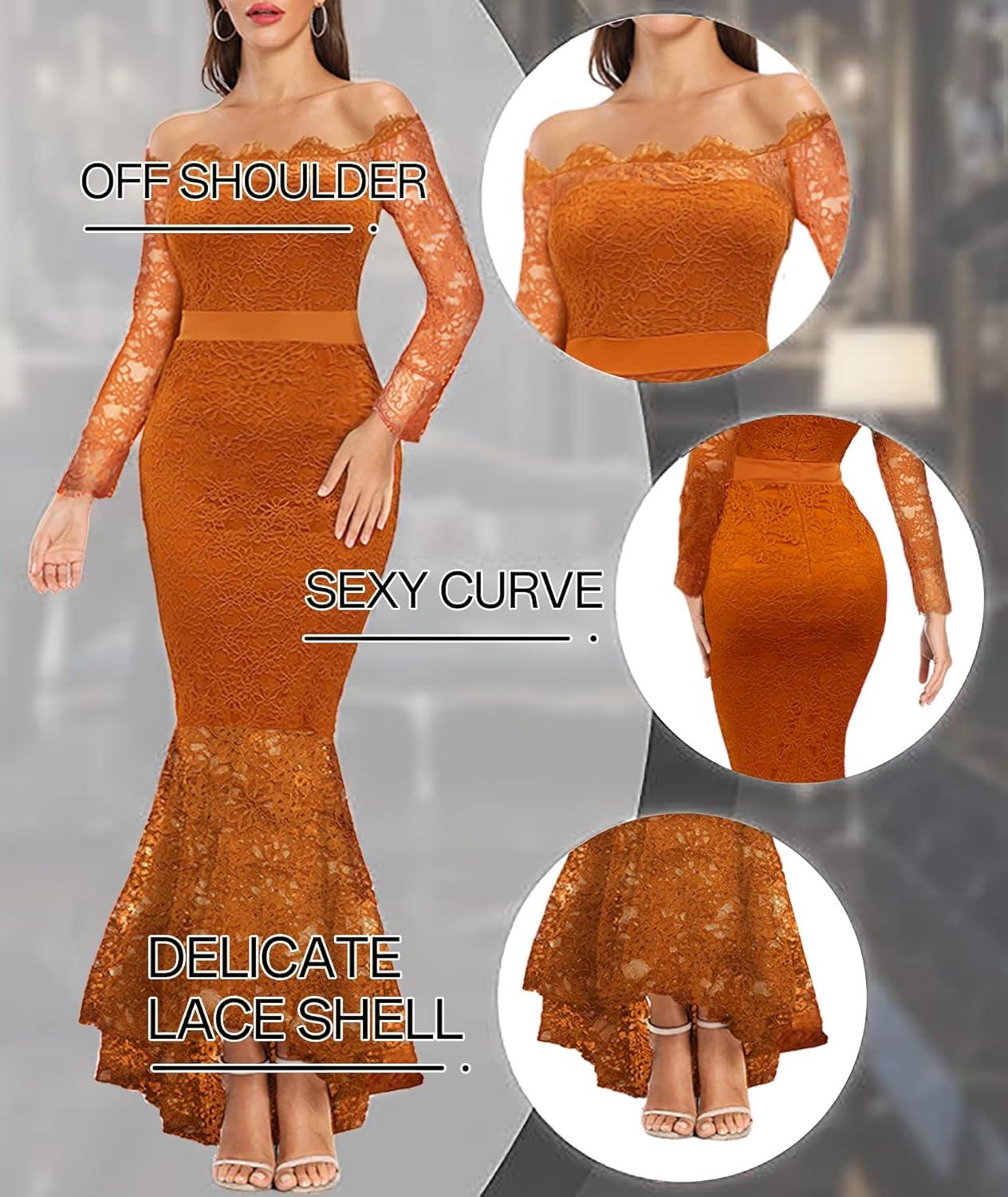 imageLALAGEN Womens Floral Lace Long Sleeve Off Shoulder Wedding Mermaid DressZorange