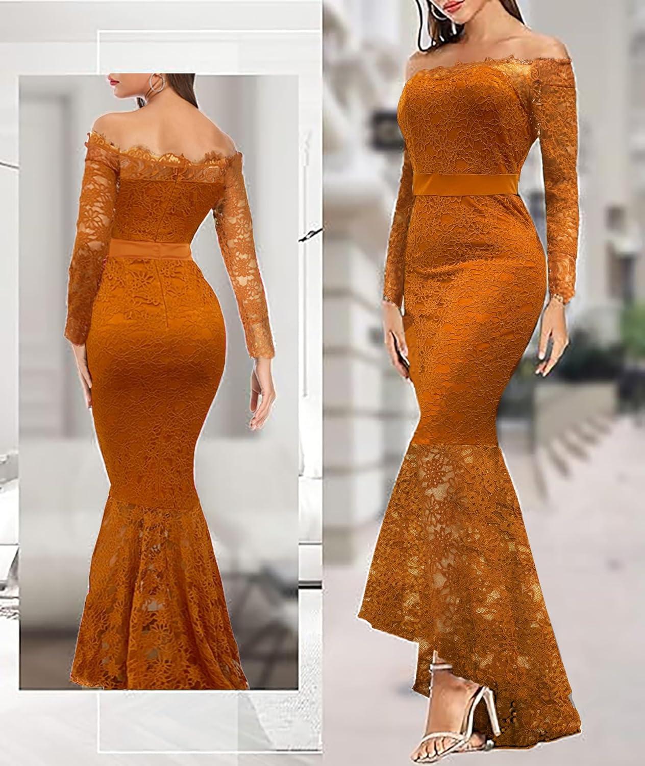 imageLALAGEN Womens Floral Lace Long Sleeve Off Shoulder Wedding Mermaid DressZorange
