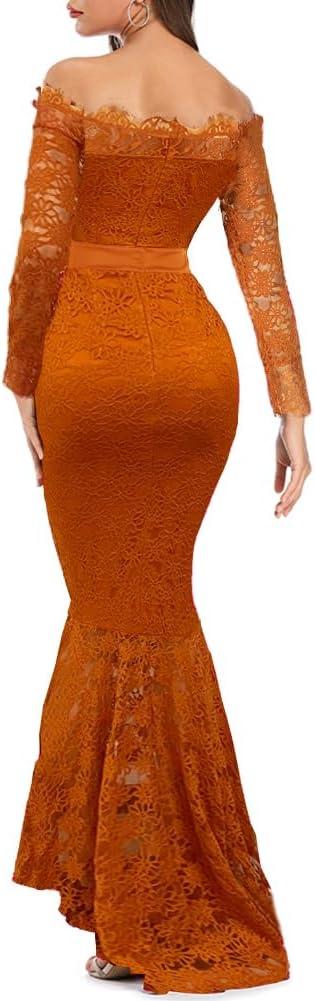 imageLALAGEN Womens Floral Lace Long Sleeve Off Shoulder Wedding Mermaid DressZorange