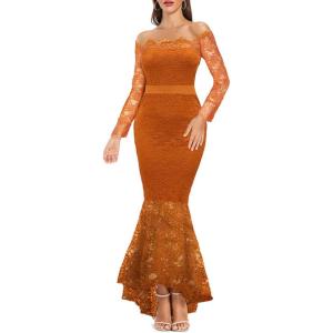 imageLALAGEN Womens Floral Lace Long Sleeve Off Shoulder Wedding Mermaid DressZorange
