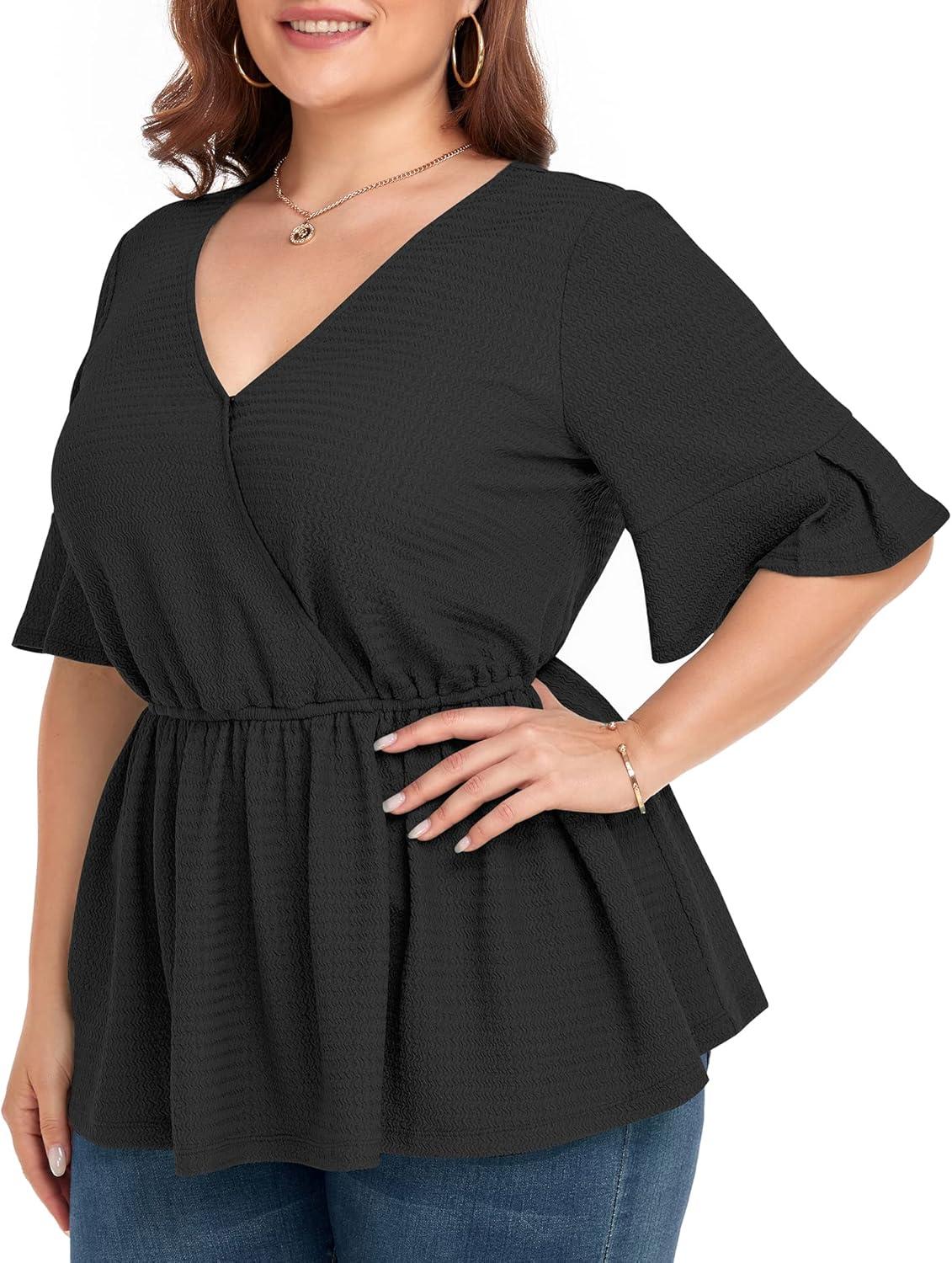 imageLALAGEN Plus Size Tops for Women Casual Peplum Blouse Short Sleeve V Neck Dressy Top 1X6X