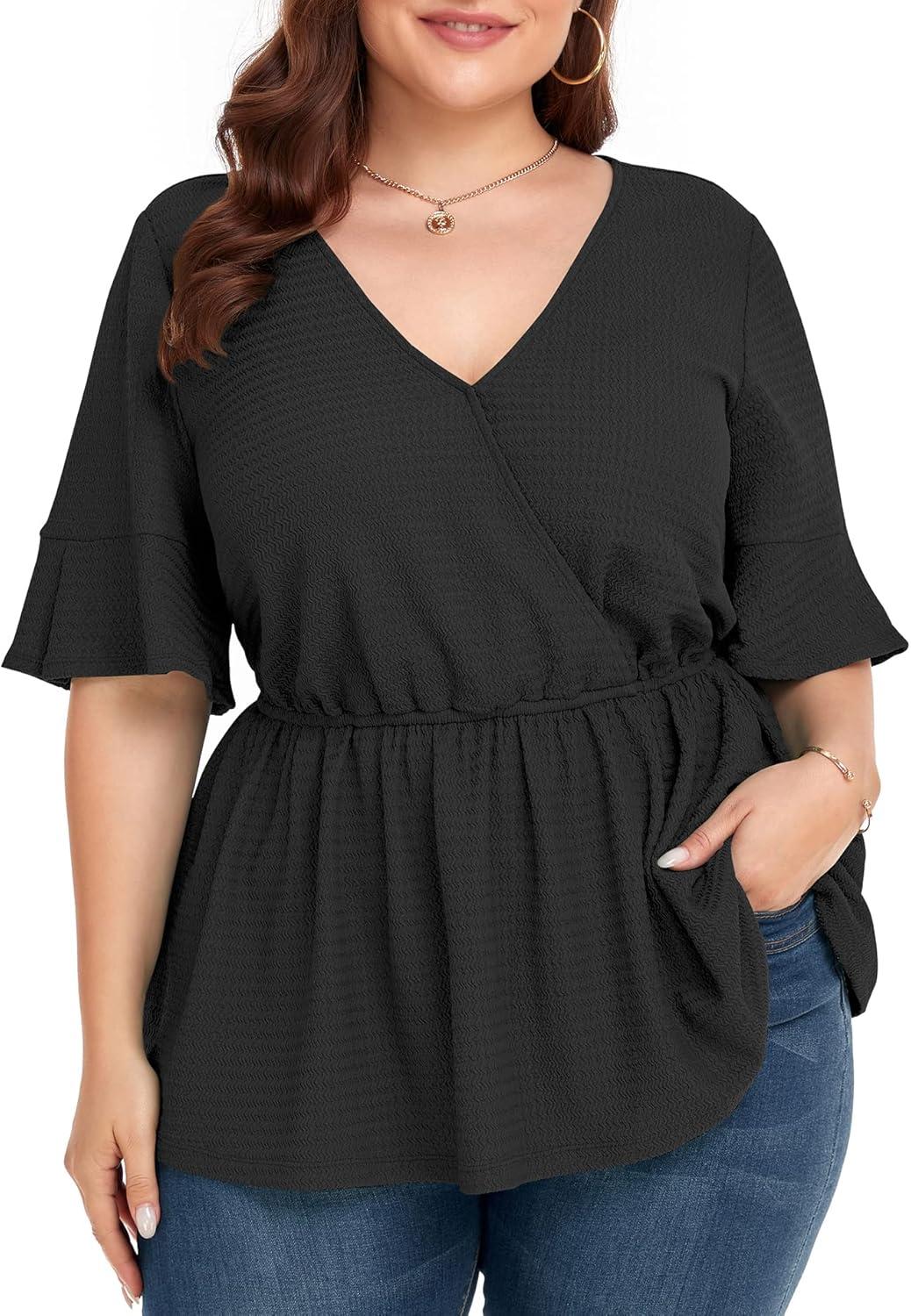 imageLALAGEN Plus Size Tops for Women Casual Peplum Blouse Short Sleeve V Neck Dressy Top 1X6X