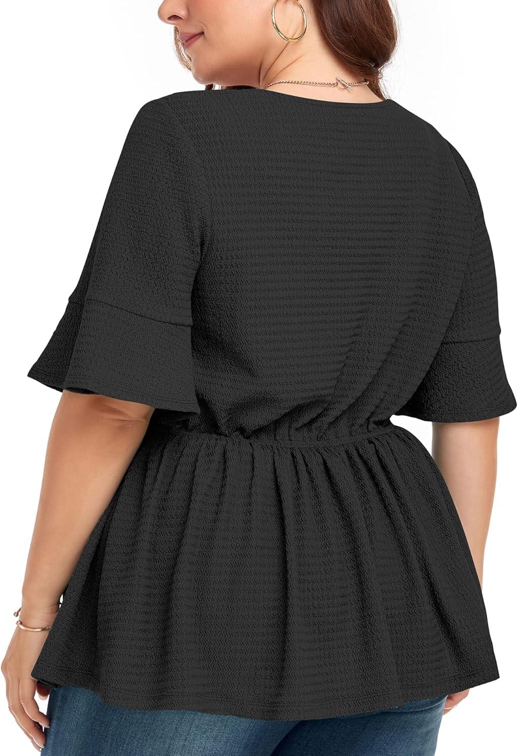 imageLALAGEN Plus Size Tops for Women Casual Peplum Blouse Short Sleeve V Neck Dressy Top 1X6X