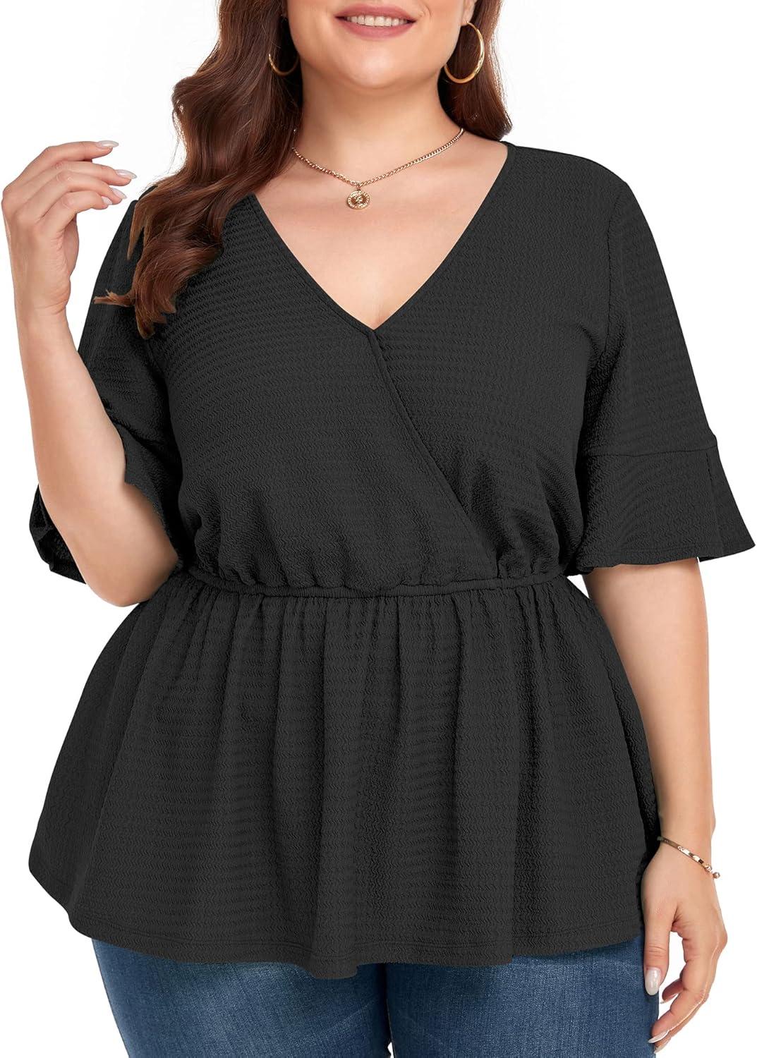imageLALAGEN Plus Size Tops for Women Casual Peplum Blouse Short Sleeve V Neck Dressy Top 1X6X