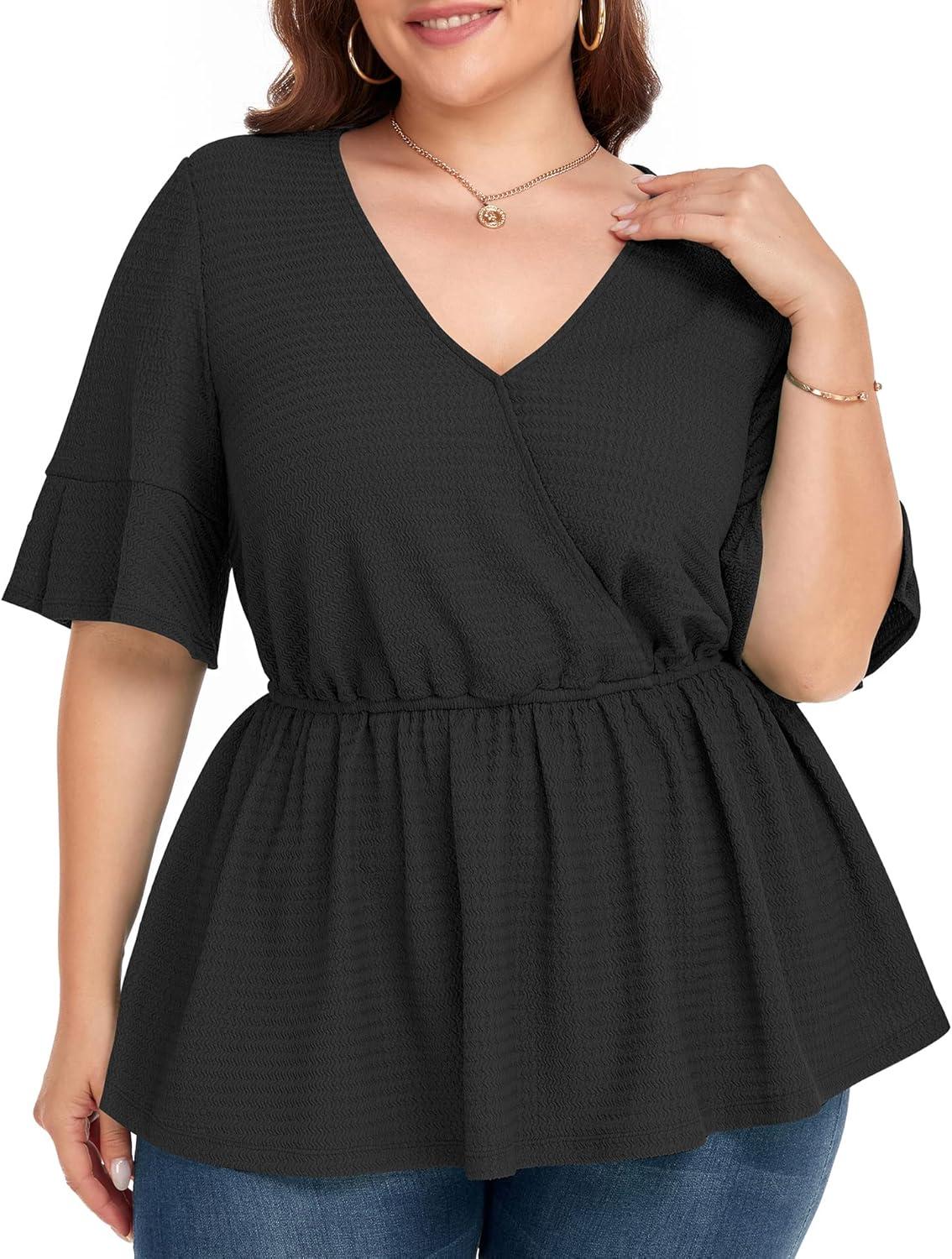 imageLALAGEN Plus Size Tops for Women Casual Peplum Blouse Short Sleeve V Neck Dressy Top 1X6X