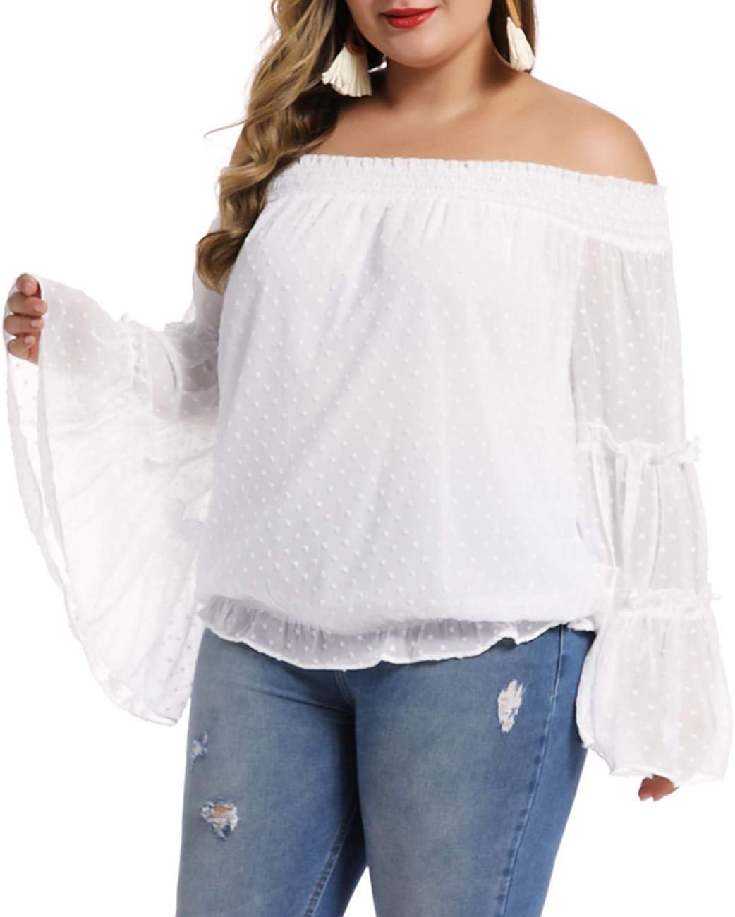 imageLALAGEN Womens Plus Size Chiffon Off Shoulder Long Ruffle Sleeve Blouse Top White L