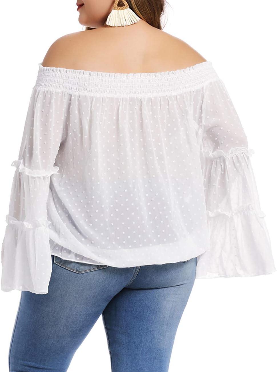 imageLALAGEN Womens Plus Size Chiffon Off Shoulder Long Ruffle Sleeve Blouse Top White L
