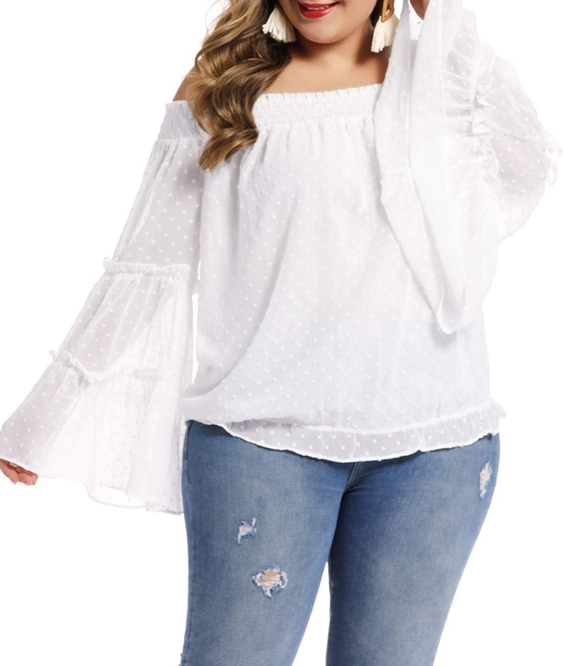 imageLALAGEN Womens Plus Size Chiffon Off Shoulder Long Ruffle Sleeve Blouse Top White L