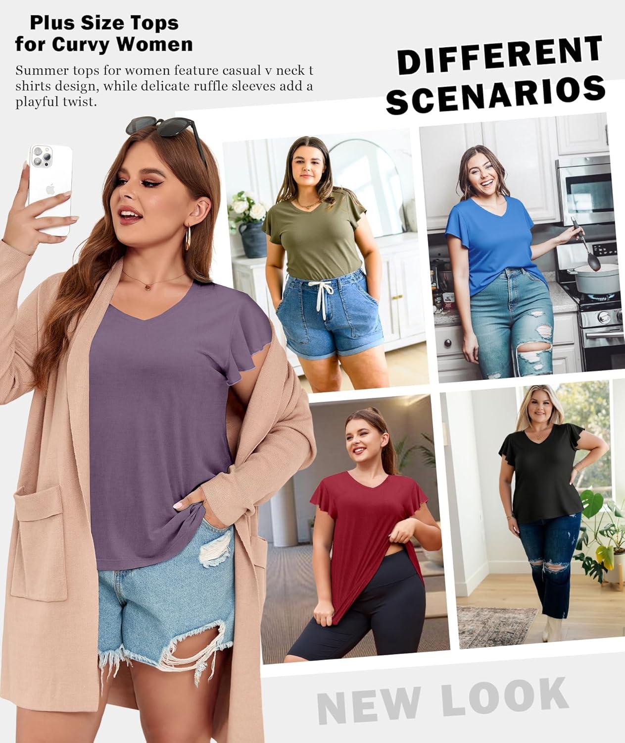 imagePlus Size T Shirts for Women 2025 V Neck Ruffle Short Sleeve Basic Tee Casual Loose Fit Blouse Summer Trendy Tunic Tops