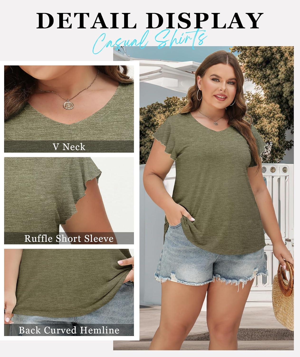 imagePlus Size T Shirts for Women 2025 V Neck Ruffle Short Sleeve Basic Tee Casual Loose Fit Blouse Summer Trendy Tunic Tops