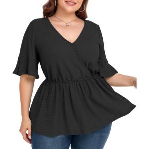 imageLALAGEN Plus Size Tops for Women Casual Peplum Blouse Short Sleeve V Neck Dressy Top 1X6X