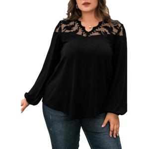 imageLALAGEN Womens Plus Size Blouses Casual Lace Long Sleeves V Neck Tops T Shirt