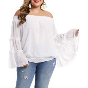 imageLALAGEN Womens Plus Size Chiffon Off Shoulder Long Ruffle Sleeve Blouse Top White L