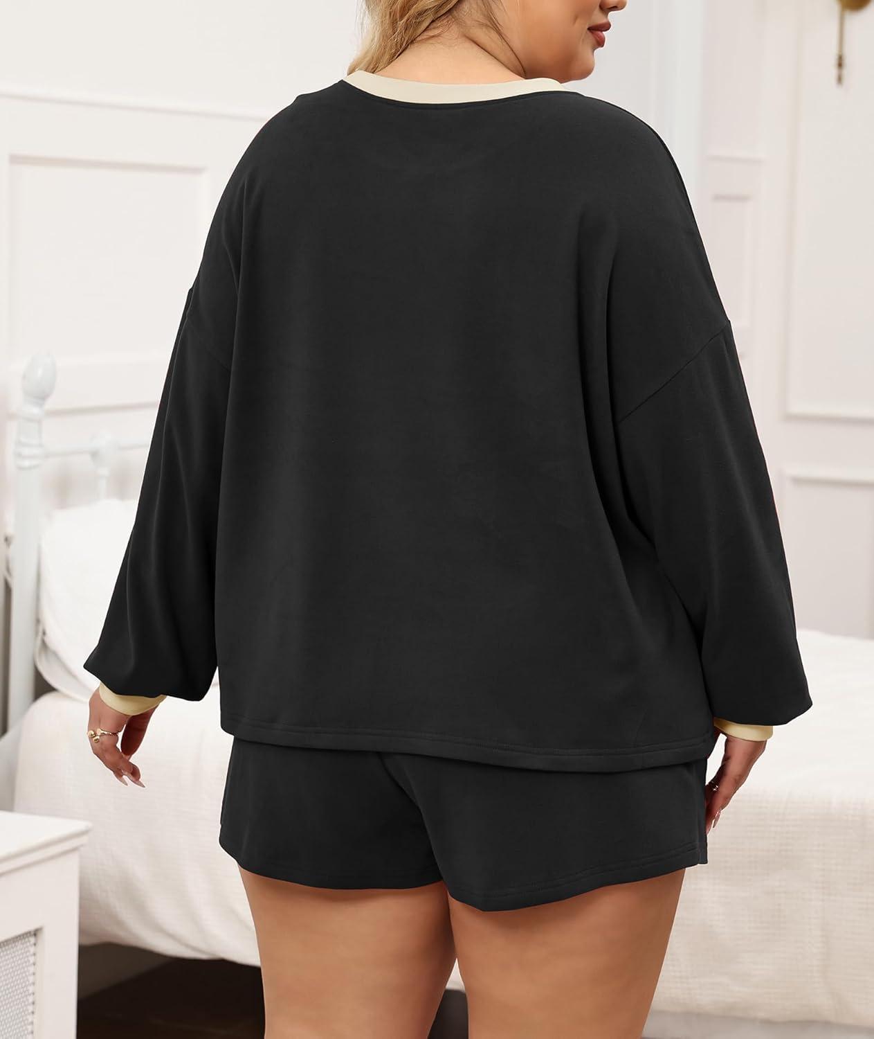 imageLALAGEN Plus Size 2 Piece Sets for Women Lounge Set Casual Sweat Shorts Sweatsuit Fleece Fall Matching OutfitsBlack