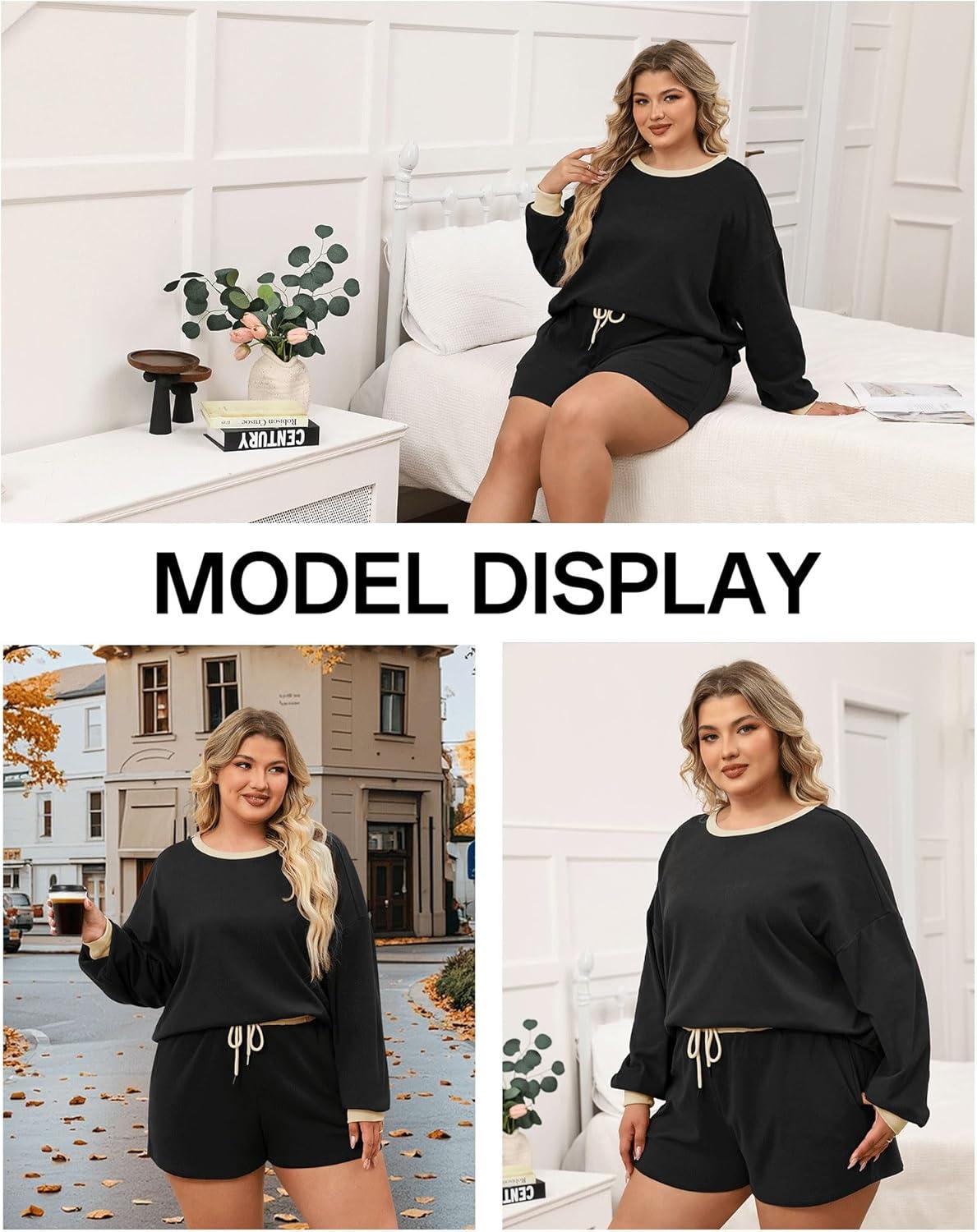 imageLALAGEN Plus Size 2 Piece Sets for Women Lounge Set Casual Sweat Shorts Sweatsuit Fleece Fall Matching OutfitsBlack