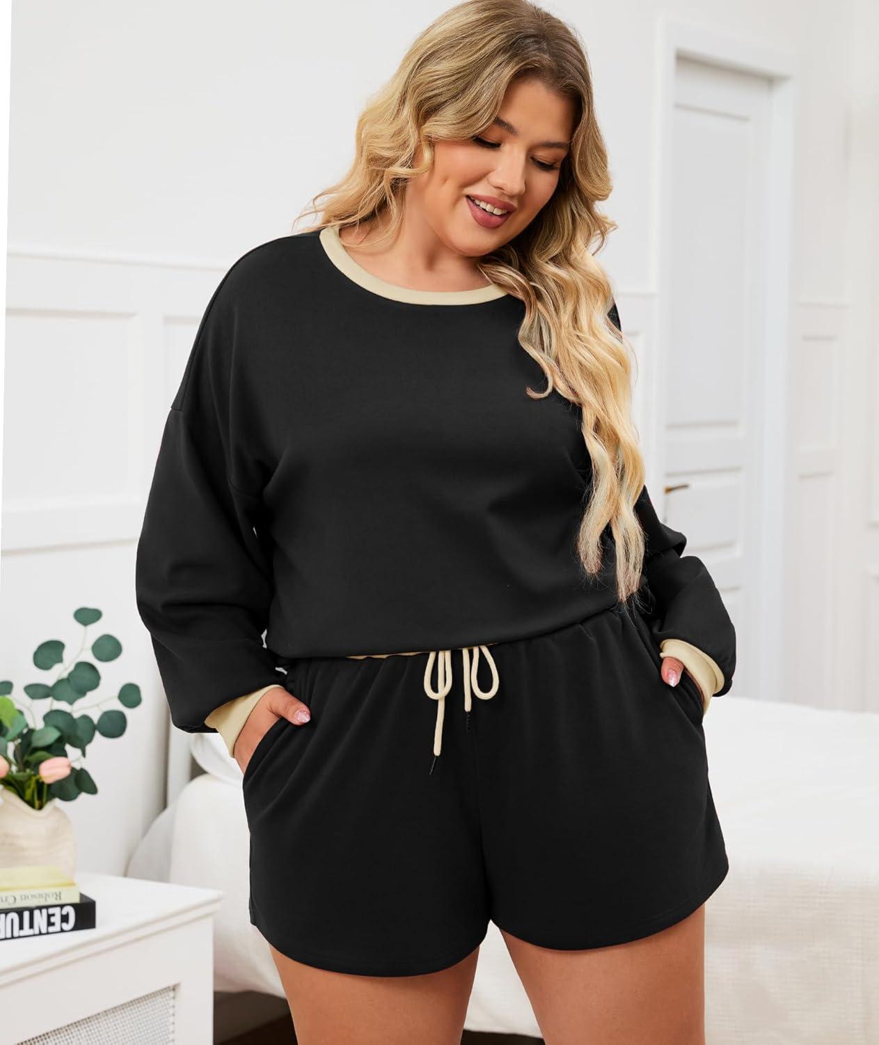 imageLALAGEN Plus Size 2 Piece Sets for Women Lounge Set Casual Sweat Shorts Sweatsuit Fleece Fall Matching OutfitsBlack