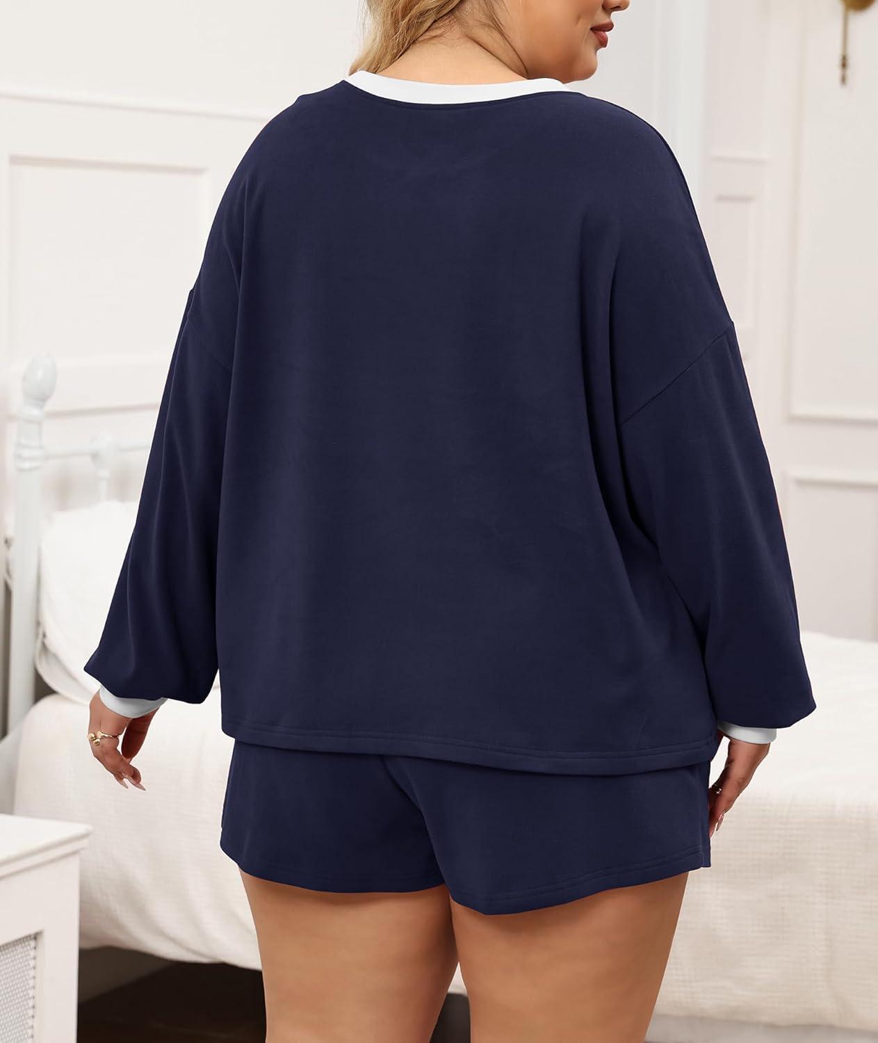 imageLALAGEN Plus Size 2 Piece Sets for Women Lounge Set Casual Sweat Shorts Sweatsuit Fleece Fall Matching OutfitsNavy