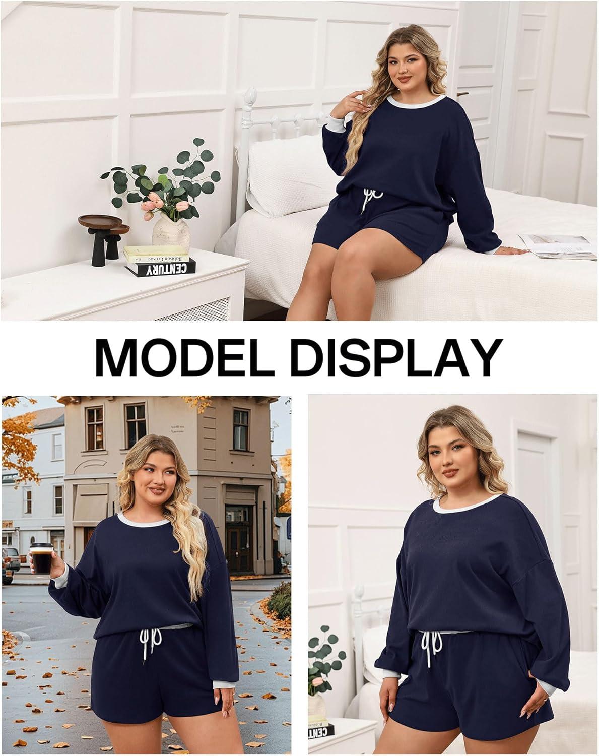 imageLALAGEN Plus Size 2 Piece Sets for Women Lounge Set Casual Sweat Shorts Sweatsuit Fleece Fall Matching OutfitsNavy