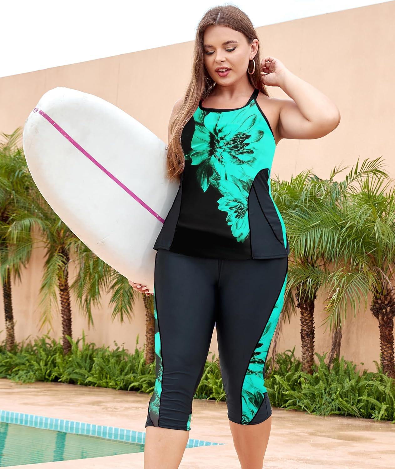 imageLALAGEN Womens Plus Size Swimsuits 2025 Modest Rash Guard Capris Tankini Bathing Suits Two Piece Bathing Suit SwimwearBlack Blue Flower