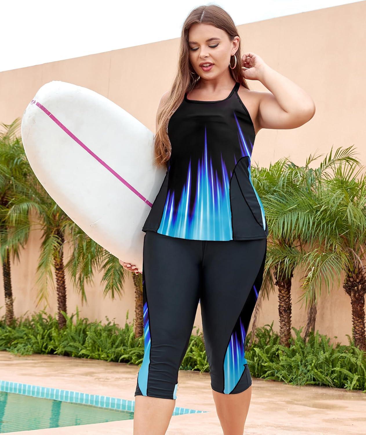 imageLALAGEN Womens Plus Size Swimsuits 2025 Modest Rash Guard Capris Tankini Bathing Suits Two Piece Bathing Suit SwimwearBlack Blue Gradient