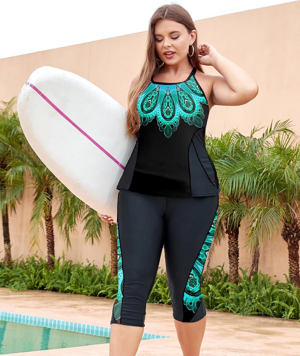 imageLALAGEN Womens Plus Size Swimsuits 2025 Modest Rash Guard Capris Tankini Bathing Suits Two Piece Bathing Suit SwimwearBlue Oval