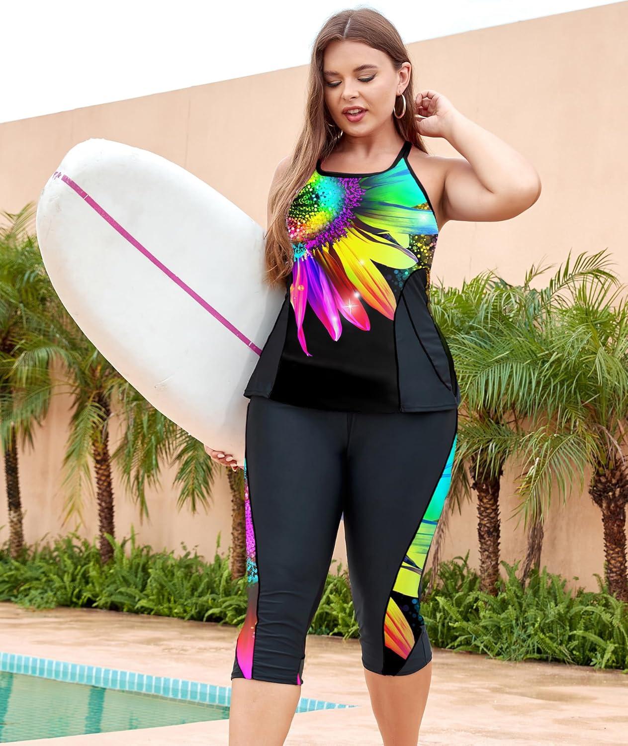 imageLALAGEN Womens Plus Size Swimsuits 2025 Modest Rash Guard Capris Tankini Bathing Suits Two Piece Bathing Suit SwimwearColorful Sunflower