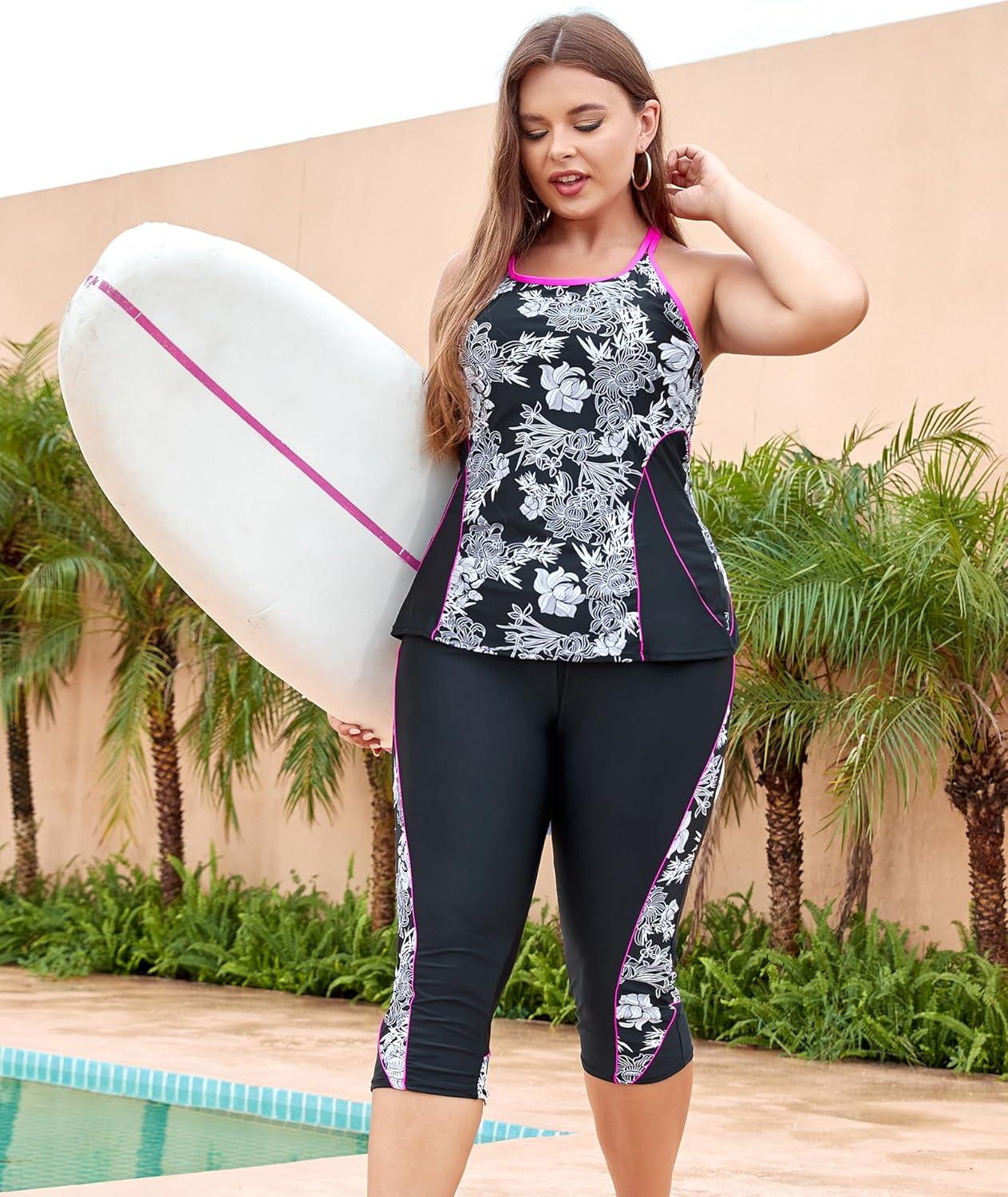 imageLALAGEN Womens Plus Size Swimsuits 2025 Modest Rash Guard Capris Tankini Bathing Suits Two Piece Bathing Suit SwimwearFloral