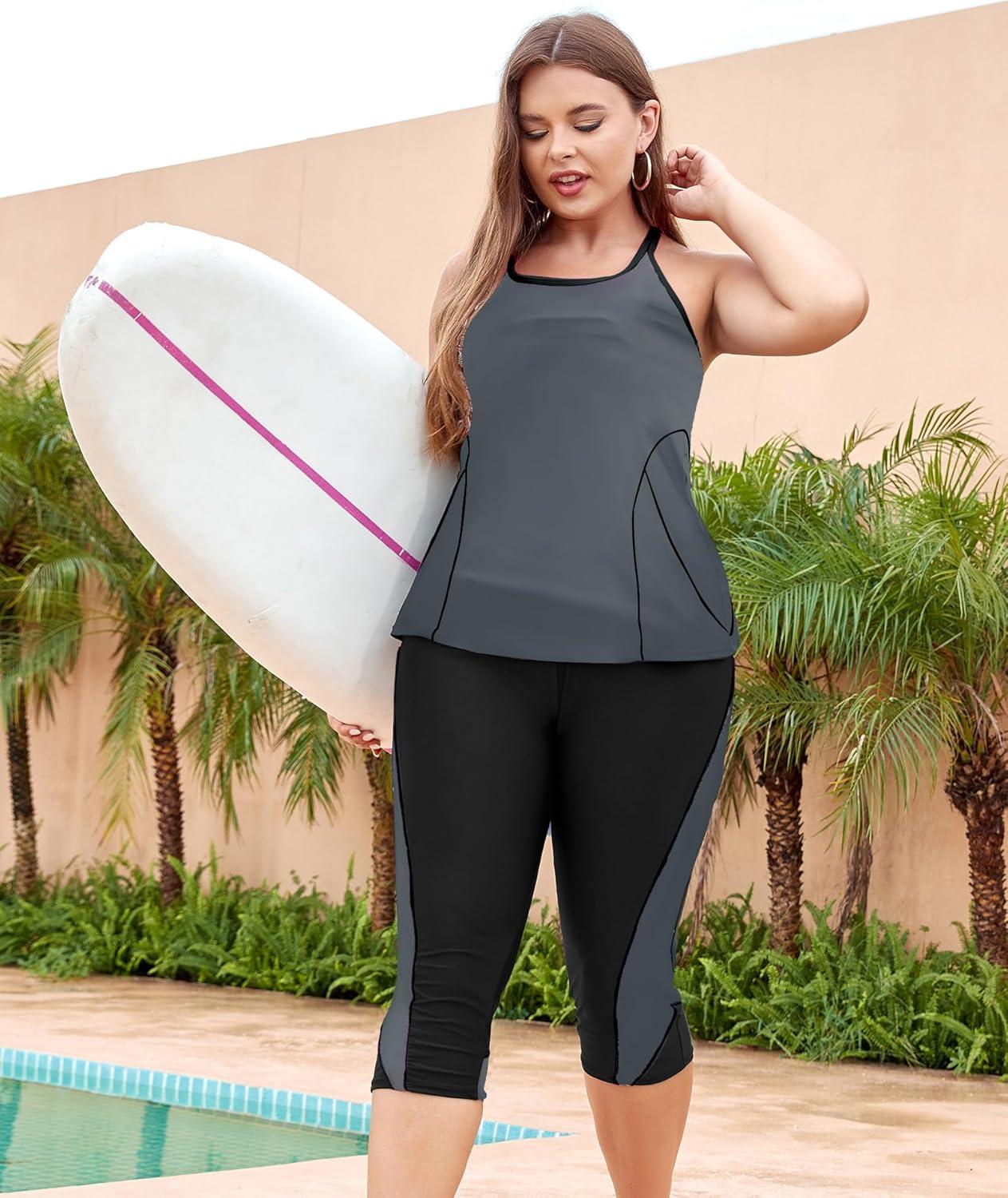 imageLALAGEN Womens Plus Size Swimsuits 2025 Modest Rash Guard Capris Tankini Bathing Suits Two Piece Bathing Suit SwimwearGray