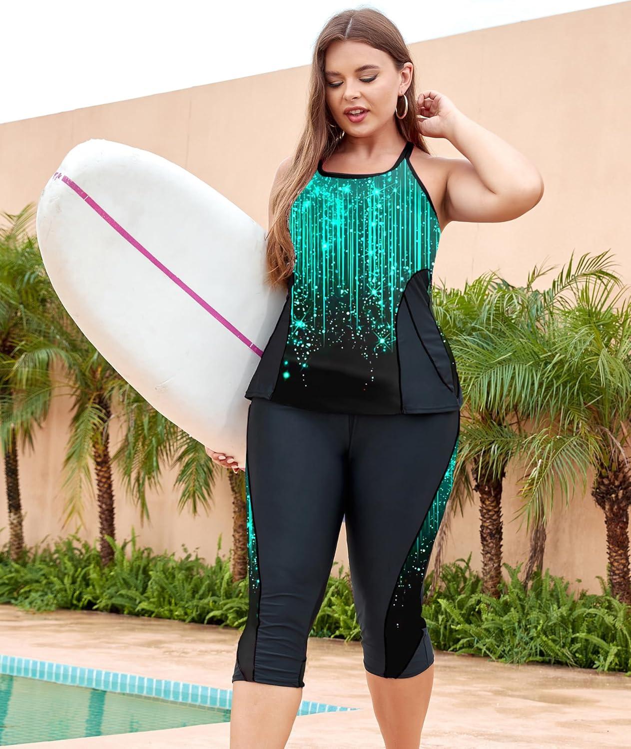 imageLALAGEN Womens Plus Size Swimsuits 2025 Modest Rash Guard Capris Tankini Bathing Suits Two Piece Bathing Suit SwimwearGreen Dots
