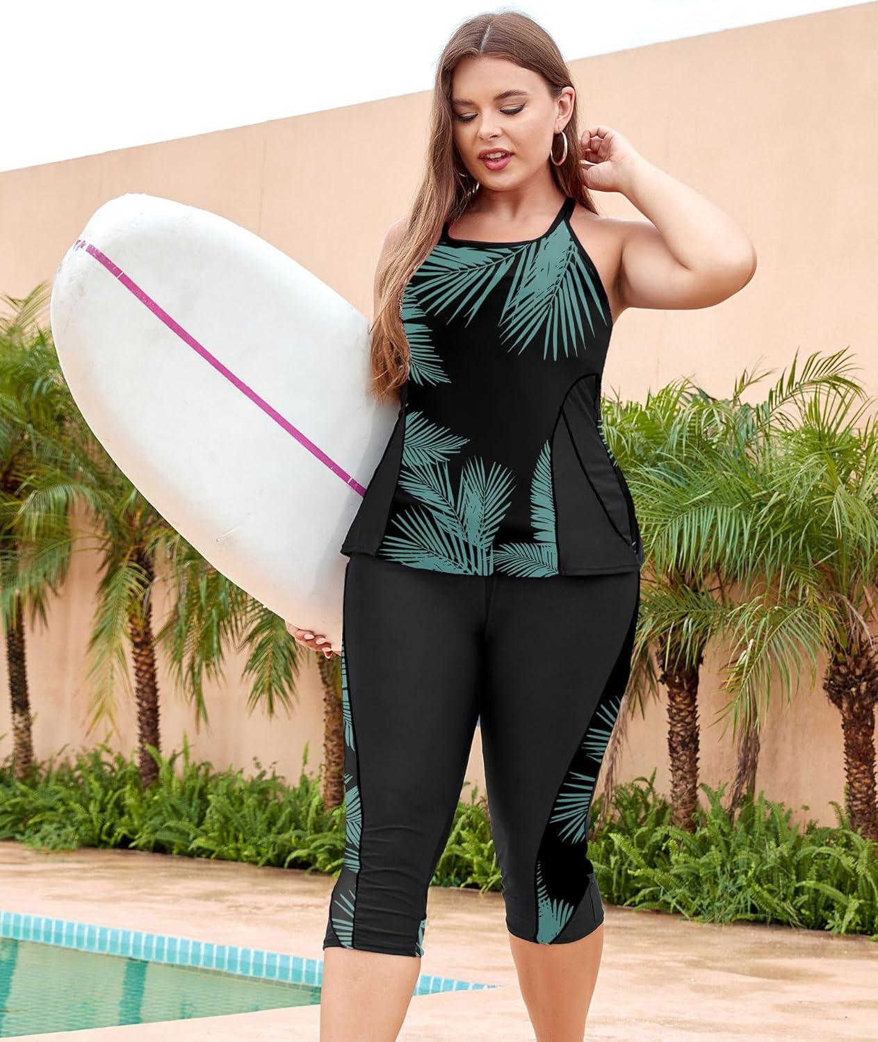 imageLALAGEN Womens Plus Size Swimsuits 2025 Modest Rash Guard Capris Tankini Bathing Suits Two Piece Bathing Suit SwimwearLake Blue Leaves