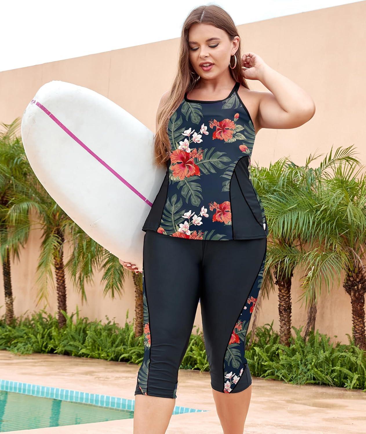 imageLALAGEN Womens Plus Size Swimsuits 2025 Modest Rash Guard Capris Tankini Bathing Suits Two Piece Bathing Suit SwimwearOrange Flowers