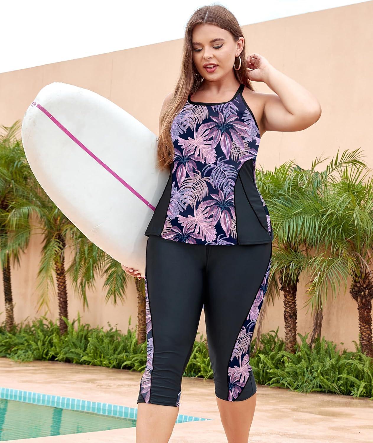 imageLALAGEN Womens Plus Size Swimsuits 2025 Modest Rash Guard Capris Tankini Bathing Suits Two Piece Bathing Suit SwimwearPurple Leaves