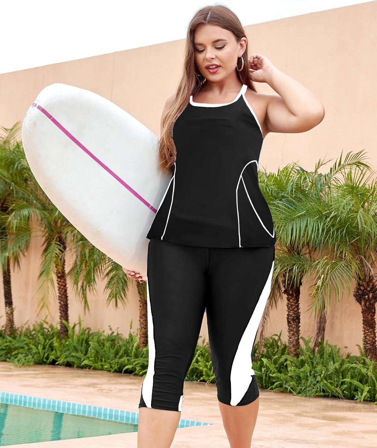 imageLALAGEN Womens Plus Size Swimsuits 2025 Modest Rash Guard Capris Tankini Bathing Suits Two Piece Bathing Suit SwimwearZblack White