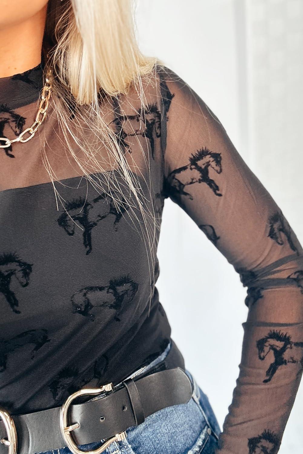 imageLALAGEN Womens Round Neck Blouse Shirts Black Western Horse Sheer Mesh Long Sleeve Slim Fit Blouse Shirts TopsBlack