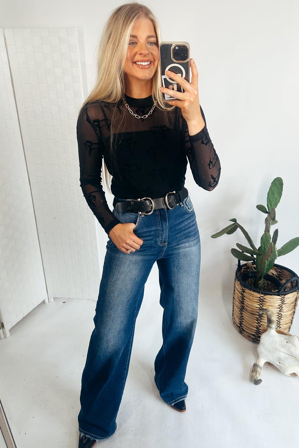 imageLALAGEN Womens Round Neck Blouse Shirts Black Western Horse Sheer Mesh Long Sleeve Slim Fit Blouse Shirts TopsBlack