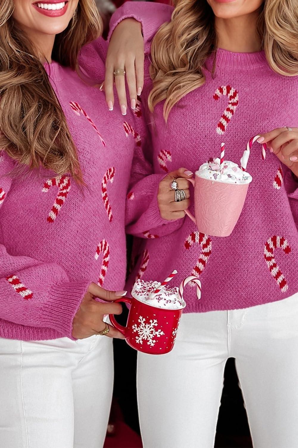 imageLALAGEN Womens Round Neck Sweater Sachet Pink Christmas Candy Cane Holiday Drop Shoulder Sweater PulloverAsachet Pink