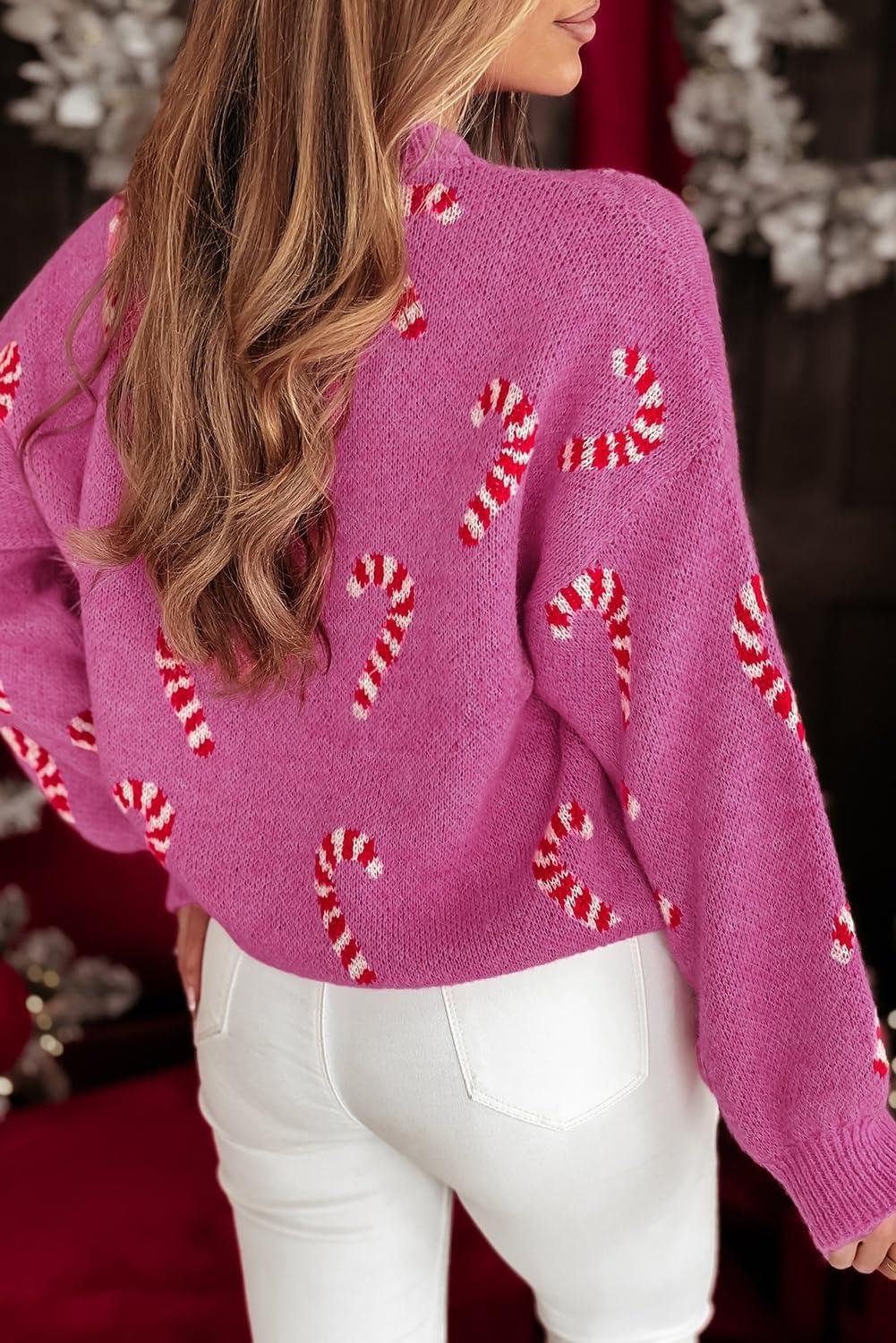 imageLALAGEN Womens Round Neck Sweater Sachet Pink Christmas Candy Cane Holiday Drop Shoulder Sweater PulloverAsachet Pink