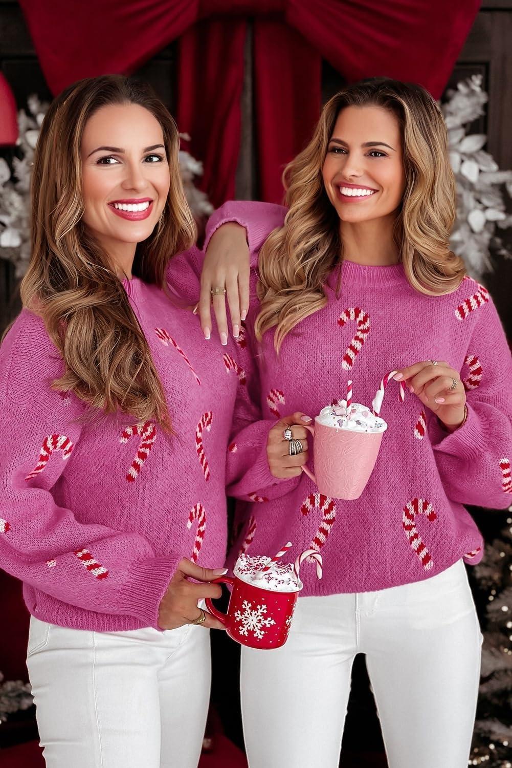 imageLALAGEN Womens Round Neck Sweater Sachet Pink Christmas Candy Cane Holiday Drop Shoulder Sweater PulloverAsachet Pink