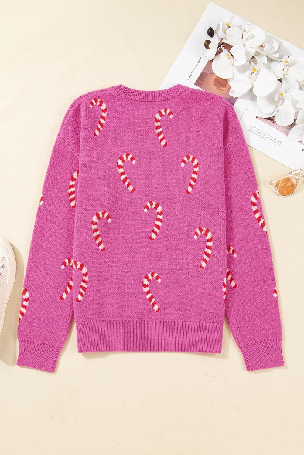 imageLALAGEN Womens Round Neck Sweater Sachet Pink Christmas Candy Cane Holiday Drop Shoulder Sweater PulloverAsachet Pink