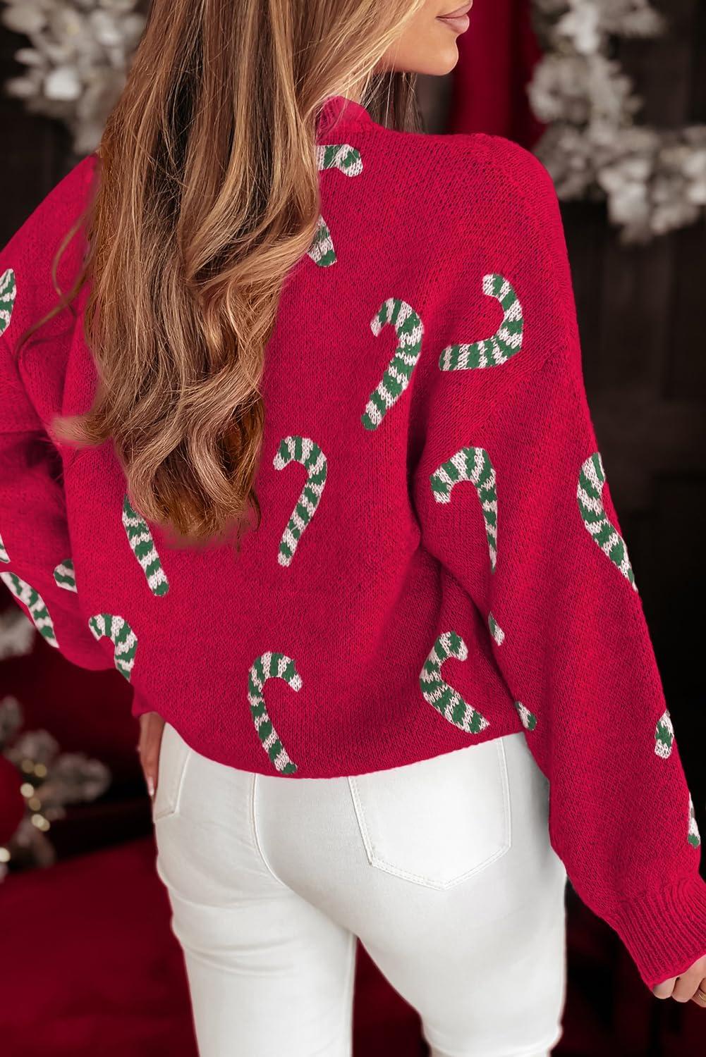imageLALAGEN Womens Round Neck Sweater Sachet Pink Christmas Candy Cane Holiday Drop Shoulder Sweater PulloverRacing Red