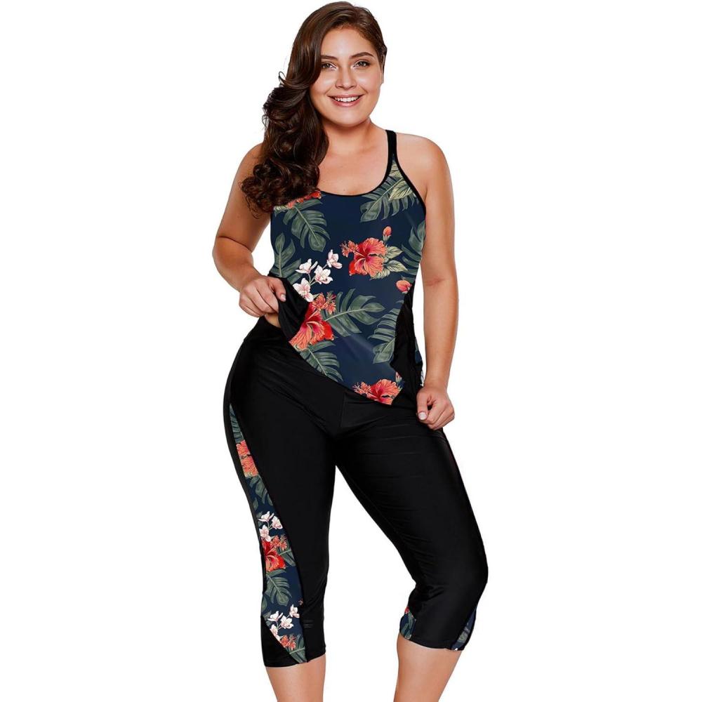 imageLALAGEN Womens Plus Size Swimsuits 2025 Modest Rash Guard Capris Tankini Bathing Suits Two Piece Bathing Suit SwimwearOrange Flowers