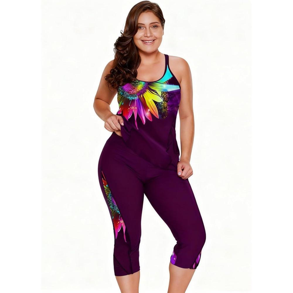 imageLALAGEN Womens Plus Size Swimsuits 2025 Modest Rash Guard Capris Tankini Bathing Suits Two Piece Bathing Suit SwimwearZpurple Sunflower